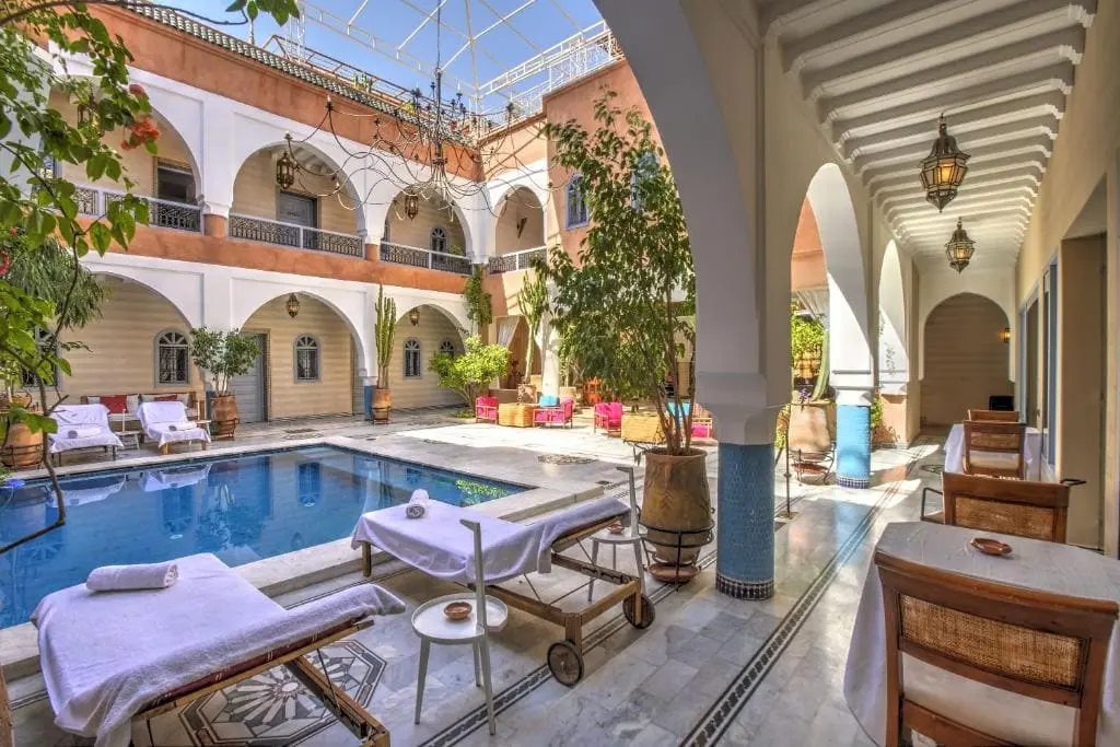 Luxury courtyard and elegant lounge at Ksar Anika Riad Marrakech